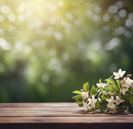 Backgrounds with empty wooden table. generated AI. Jasmine flowers.の素材