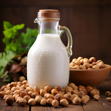Filbert milk bottle with filbert nuts on wooden backgrounds. Vegetable milk.Generated AIの素材