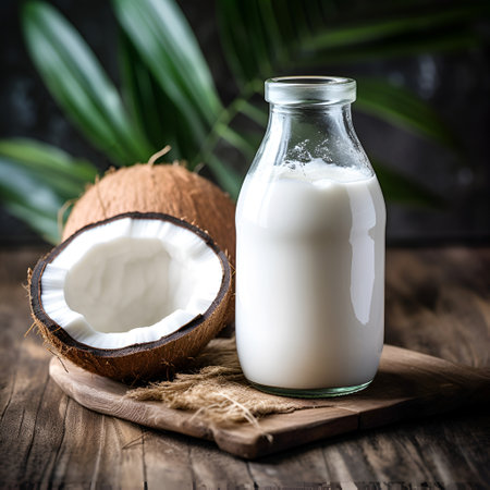 Coconut milk in bottle with coconut nuts on wooden backgrounds. Vegetable milk.Generated AIの素材