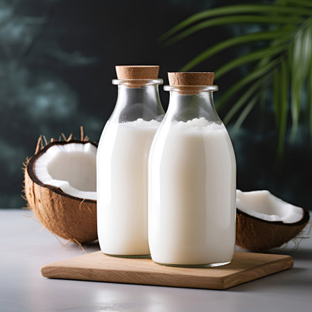 Coconut milk in bottle with coconut nuts on wooden backgrounds. Vegetable milk.Generated AIの素材