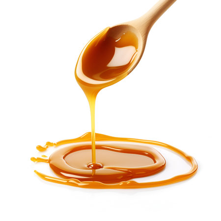 Liquid caramel topping on white backgrounds. Healthy food ingredient. Generated AIの素材