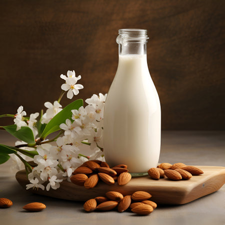 Almonds milk in bottle with almond nuts on wooden backgrounds. Vegetable milk.Generated AIの素材