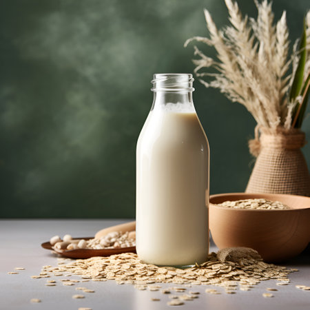 Oat milk bottle closeup. Healthy food.Generated AIの素材