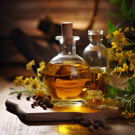 Rapeseed oil in bottle on wooden board. Healthy food ingredient. Supplement.Generated AIの素材