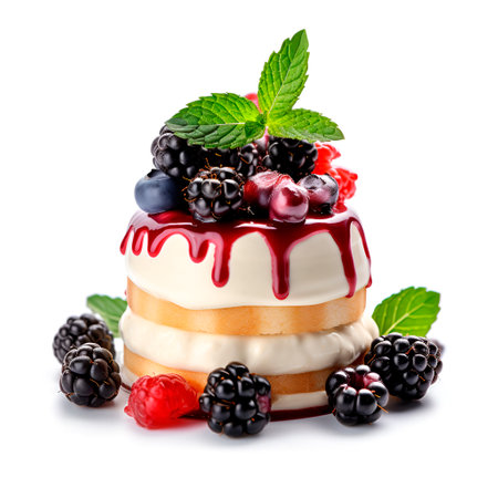 Sponge cake with cream and berries on a white background.Generated AIの素材
