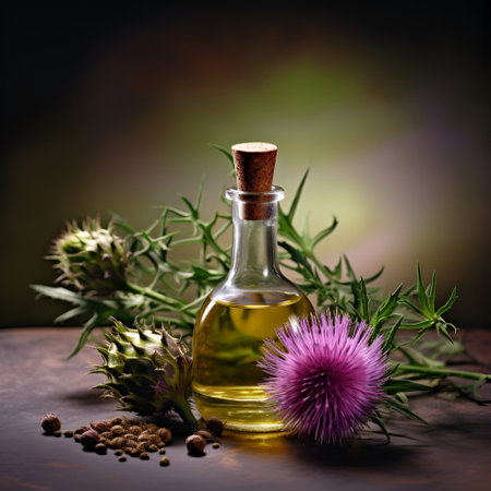 Bottle of burdock plant oil on backgrounds.Generated AIの素材
