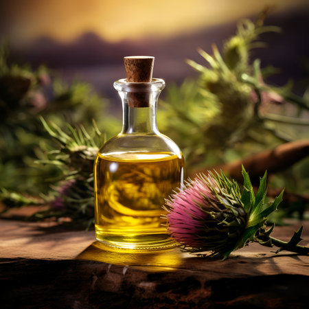 Bottle of burdock plant oil on backgrounds.Generated AIの素材
