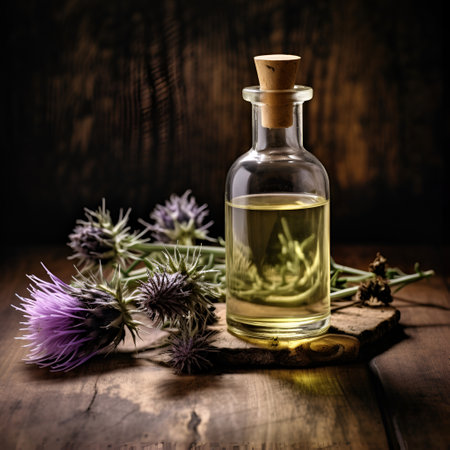 Bottle of burdock plant oil on wooden backgrounds.Generated AIの素材
