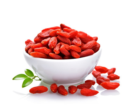 Goji berries closeup on white backgrounds. Generated AIの素材
