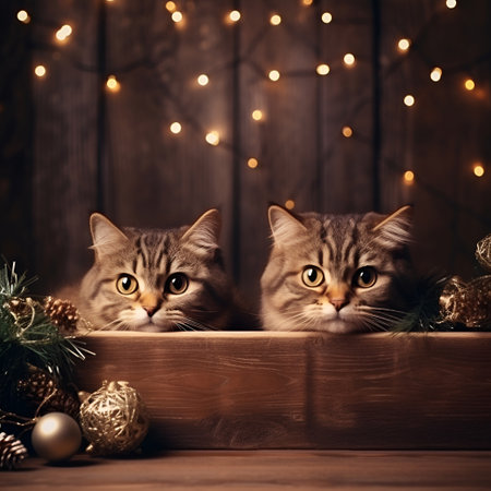 Cute kittens in a wooden box on the background of Christmas decorationsの素材
