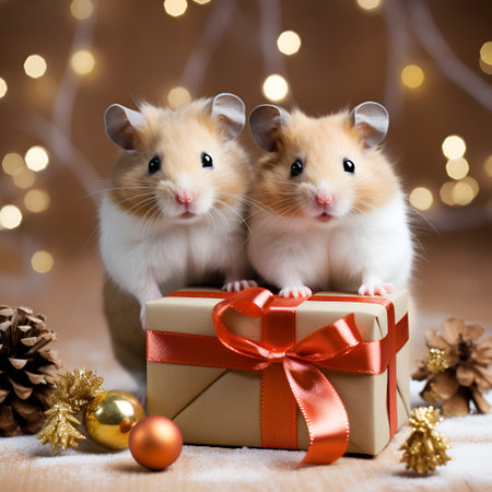 Two cute hamster on presents box on the background of Christmas decorationsの素材