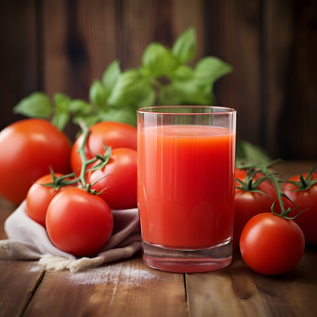 Glass of fresh tomatoes juice with tomatoes vegetables on wooden backgrounds. Home agriculture.の素材