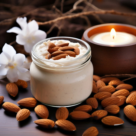 Almonds cream massage on wooden backgrounds.の素材