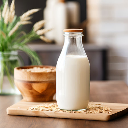 Bottle of home cooking oat milk on tables. Healthy food ingredient.の素材