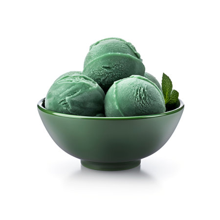 Superfood spirulina ice cream ball in bowl on white backgrounds.の素材