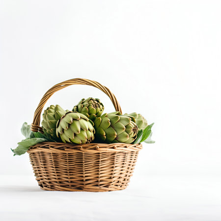 Artichokes in the basket on white concrete backgrounds. Copy spaceの素材