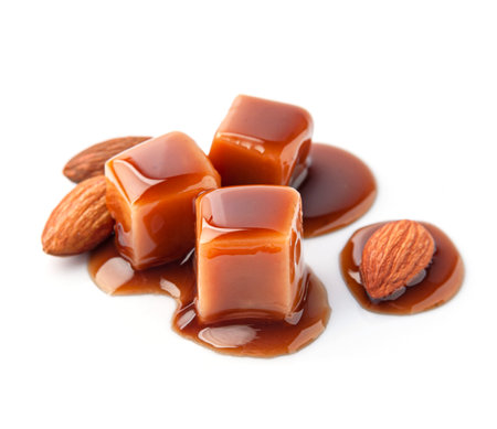 Caramel candy with caramel topping and almonds nuts on white bacdkgroundsの写真素材