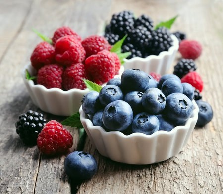 Sweet berries mix isolated on white background. Ripe raspberries and blueberries.の写真素材