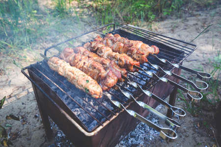 Prepared pieces of meat for barbecue marinated with onions and herbs. Raw pickled skewers on skewers. Marinated beef skewers with pepper, ready to grill.の写真素材