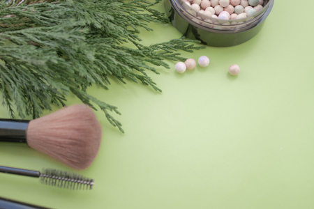 Cosmetic accessories. Brush, blush, lipstick, green branches on a green background. With empty space on the right. View from aboveの写真素材