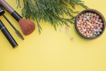 Cosmetic accessories. Brush, blush, lipstick, green branches on a yellow background. With empty space on the right. View from aboveの写真素材