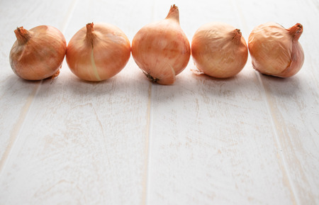 Fresh onion on wooden background. Ripe onions (Allium cepa) or onions or vegetarian and vegan food. Vegetables for a healthy diet.の写真素材