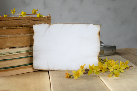 Old books on the table. A white sheet of paper burned around the edges. Place for your text. Concept background.の写真素材