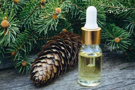 Essential oil of pine in a glass bottle with coniferous pine leaves on a wooden table.の写真素材