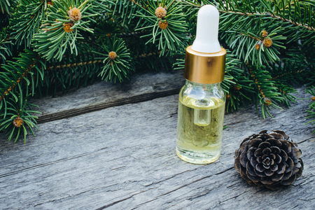 Essential oil of pine in a glass bottle with coniferous pine leaves on a wooden table.の写真素材