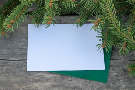 Green branches of a Christmas tree on the background of old, wooden boards. Top view with copy space for your text.の写真素材