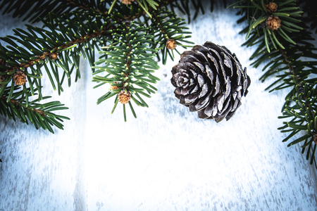 Green branches of a Christmas tree and cones on the background of white boards. Place for text. View from above.の写真素材