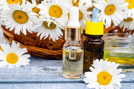 Chamomile essential oil in a glass jar and bottles near the daisies on a blue background.の写真素材