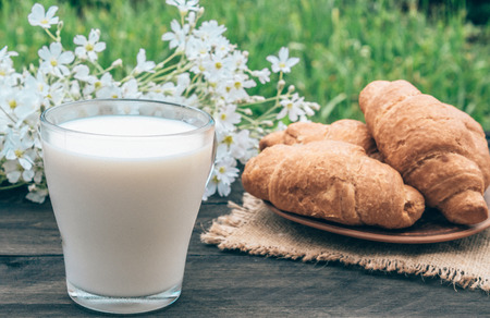 A glass cup of milk stands beside croissants and white small flowers.の写真素材