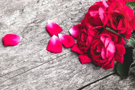 Roses and petals on an old wooden board. Flower frame. Pattern texture for design.の写真素材
