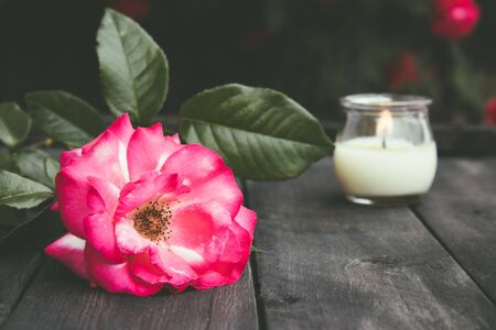 Rose and burning candle on an old wooden board. Flower frame. Pattern texture for design.の写真素材