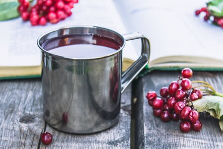 Mug or cup of hot viburnum tea on a wooden table next to an open book and red berries of viburnum. Source of natural vitamins. Used in folk medicine. Close-up.の写真素材