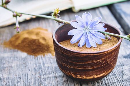 Blue chicory flower and a bowl of instant chicory powder on an old wooden table. Chicory powder. The concept of healthy eating a drink. Coffee substitute.の写真素材