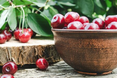 Cherry in a ceramic bowl and a branch of a cherry tree. Sweet organic berries on old wooden boards. Red cherryの写真素材