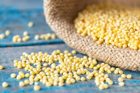Raw yellow millet is scattered on the blue boards near the bag. Close-up.の写真素材