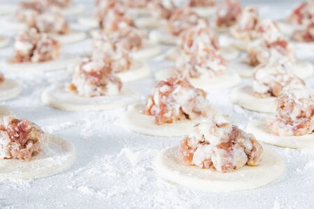Minced meat with dough, the process of making homemade dumplings. Russian food.の写真素材