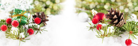 Christmas card with Christmas decorations with place for text. Christmas composition bannerの写真素材