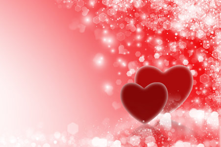 Two hearts on a dark red background and bokeh for Valentine's Day. Romantic and abstract background.の写真素材