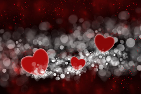 Two hearts and roses on a wooden background and white bokeh for Valentine's Day. Romantic and abstract background.の写真素材