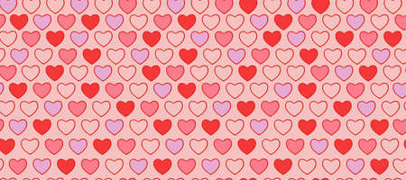 Seamless pattern of red hearts on a pink background. Love symbol ornament minimalistic symmetrical...