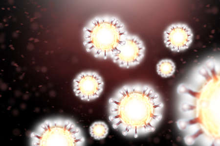 Virus or bacteria under a microscope. Abstract background of 3d glowing microbes on a dark red...