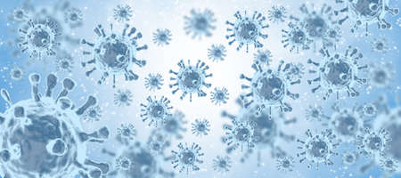 Virus or bacteria under a microscope. Abstract 3d microbe background on blue background. Allergy...