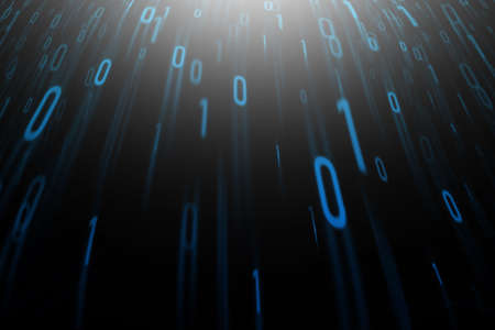 Abstract blue binary code on a black background. Blue lines of binary code
