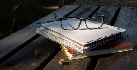 glasses lie on top of a pile of books with a notebook on a bench in the parkの写真素材