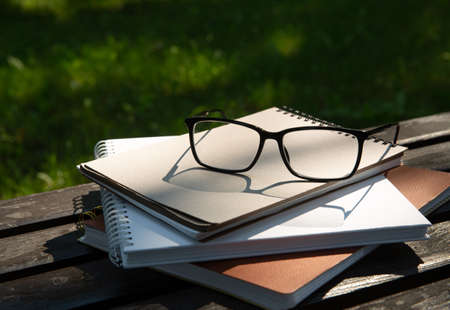 glasses lie on top of a pile of books with a notebook on a bench in the parkの写真素材