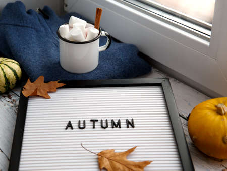 A cup with cocoa and marshmallows stands on a sweater on the windowsillの写真素材